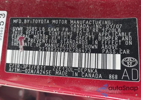 2007 Toyota Corolla Le z USA, uszkodzony, nr VIN 2T1BR32E27C786473